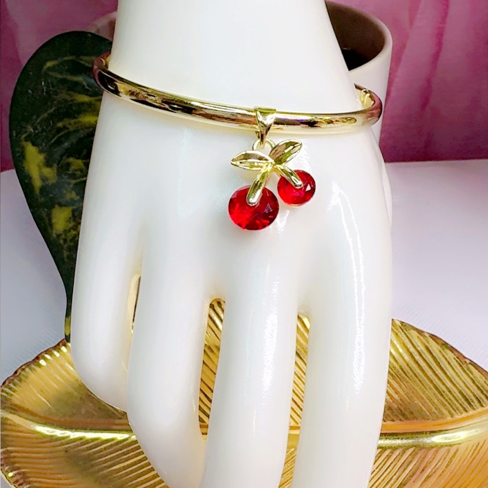 14K Gold Plated Bangle with Cherry Pendant